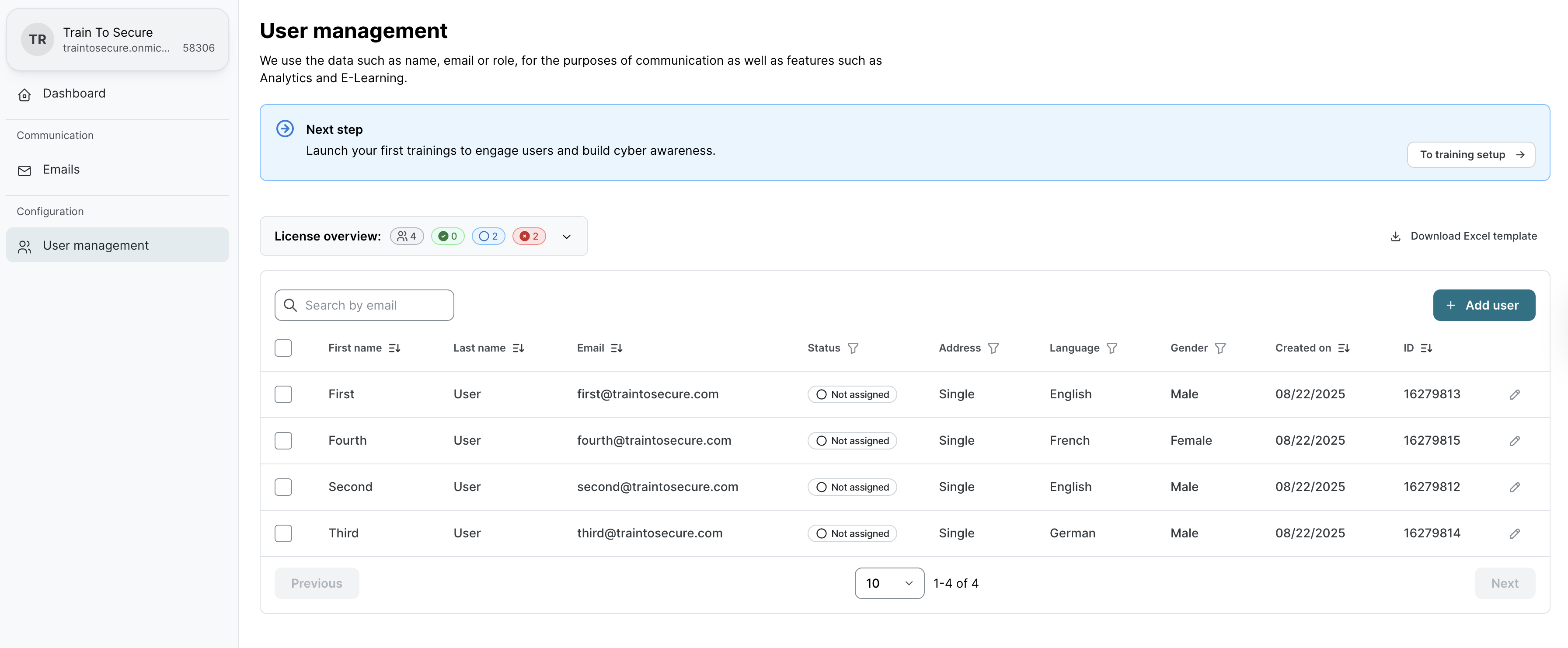 User management section in Partner Platform dashboard. Left navigation shows Dashboard and Emails under Communication section, with User management highlighted under Configuration. Main panel displays User management heading with explanation text and Next step blue banner suggesting to launch first trainings. License overview and user table are visible below.