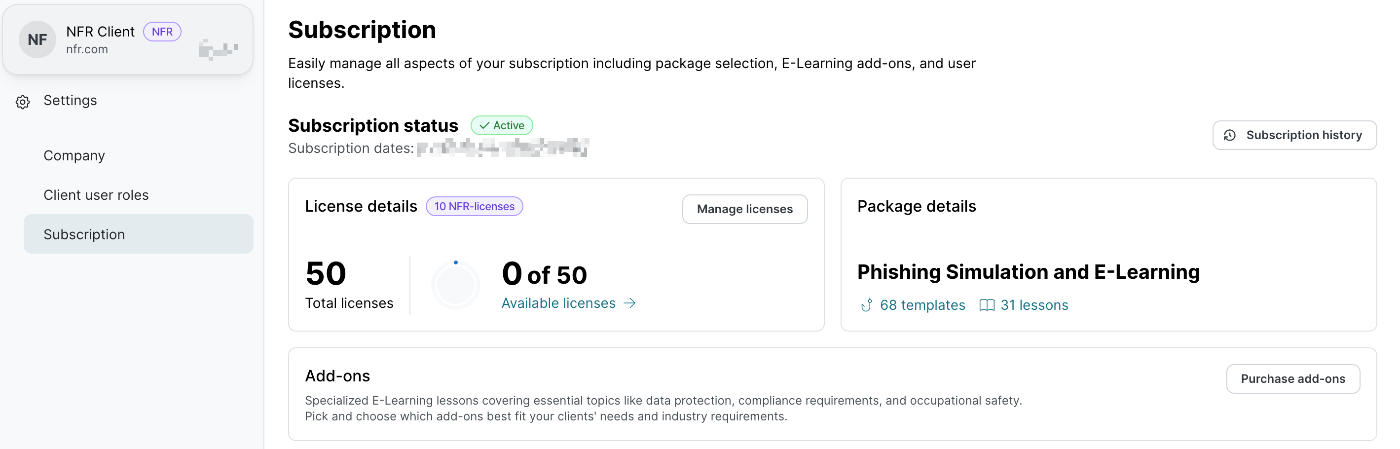 NFR client Subscription page showing NFR Client name with NFR badge. Subscription status Active. License details section displays 10 NFR-licenses. Package details shows Phishing Simulation and E-Learning with 68 templates and 31 lessons. Add-ons section with Purchase add-ons button.
