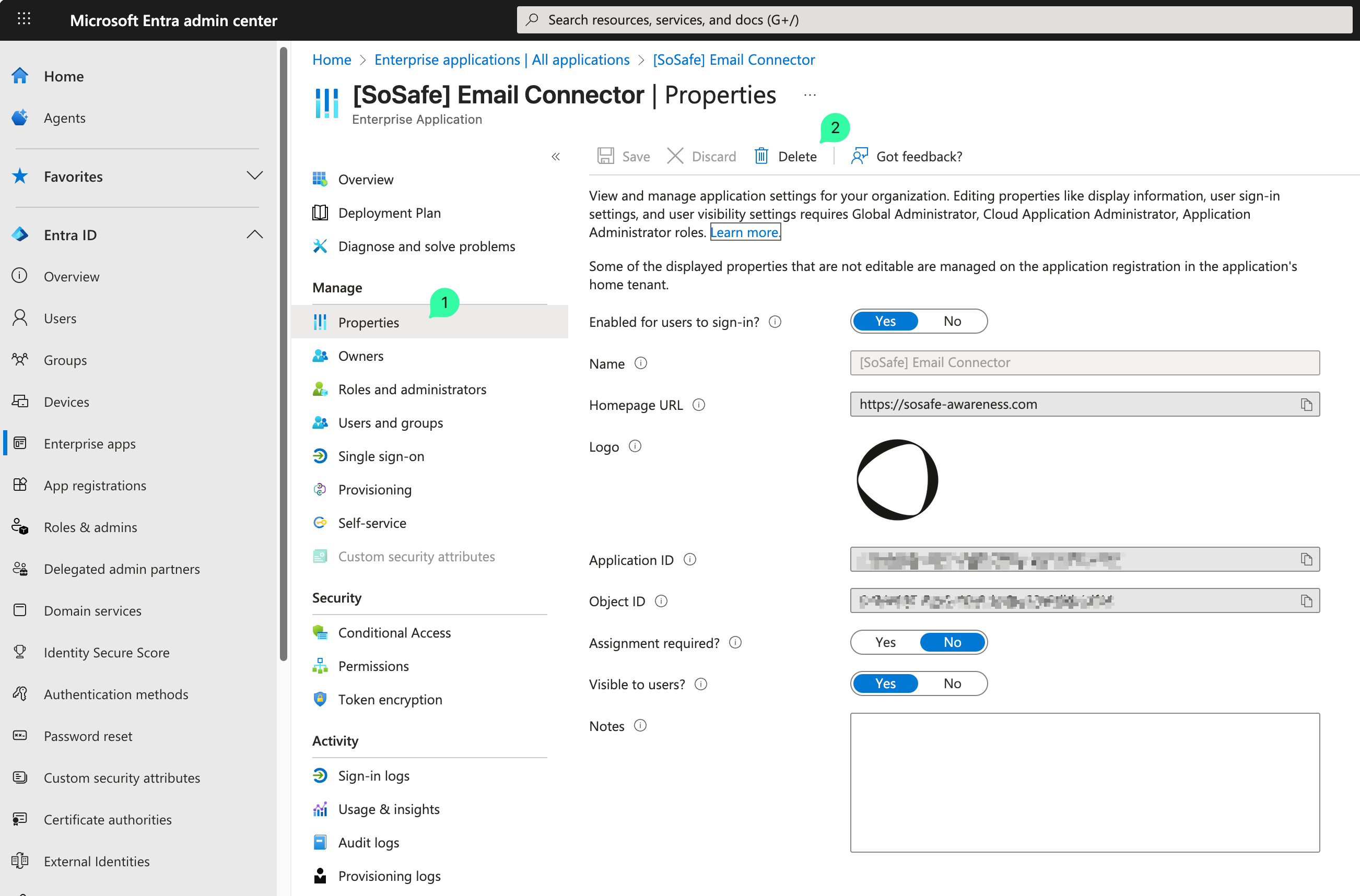 Microsoft Entra admin center showing [SoSafe] Email Connector Properties page with Overview tab selected, displaying application settings and field options.