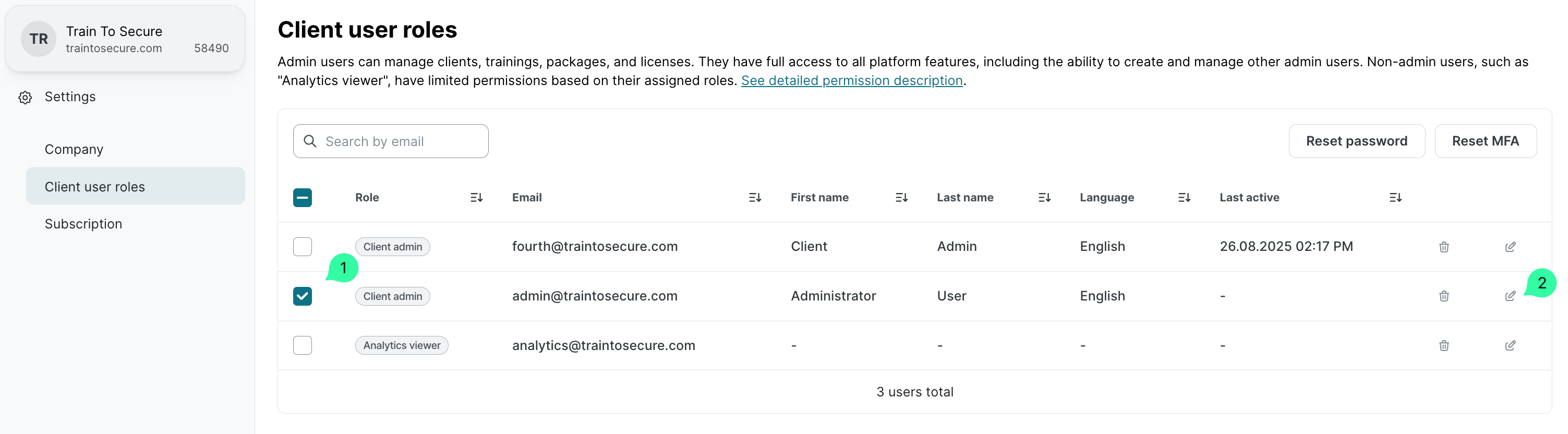 User profile dropdown menu showing Administrator User as Client Admin with callout numbers 1 and 2 marking steps. Menu items visible: Profile highlighted, Admin users, Give feedback, Guide, Help & Support, Logout.