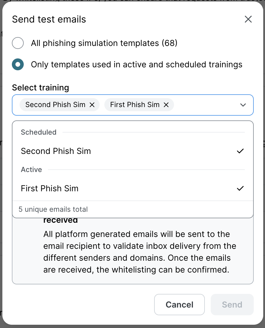 Send test emails dialog with Only templates used in active and scheduled trainings selected. Select training section shows Second Phish Sim (Scheduled) checked, First Phish Sim (Active) checked. Total 5 unique emails.