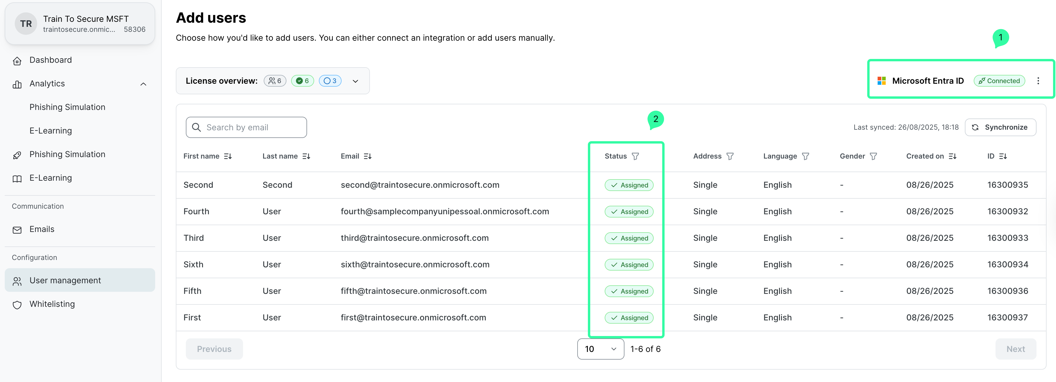 Partner Platform dashboard showing Add users page. License overview displayed. Microsoft Entra ID section highlighted with Connected status marked (1). Synced users list shown below (2) with columns: First name, Last name, Email, Status, Address, Language, Gender, Created on, ID.