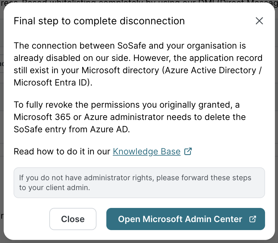 DMI Whitelisting section showing Microsoft 365 with Connected status badge in green. Shows successful connection with options to Disconnect or Reconnect. Knowledge Base link available for additional information.