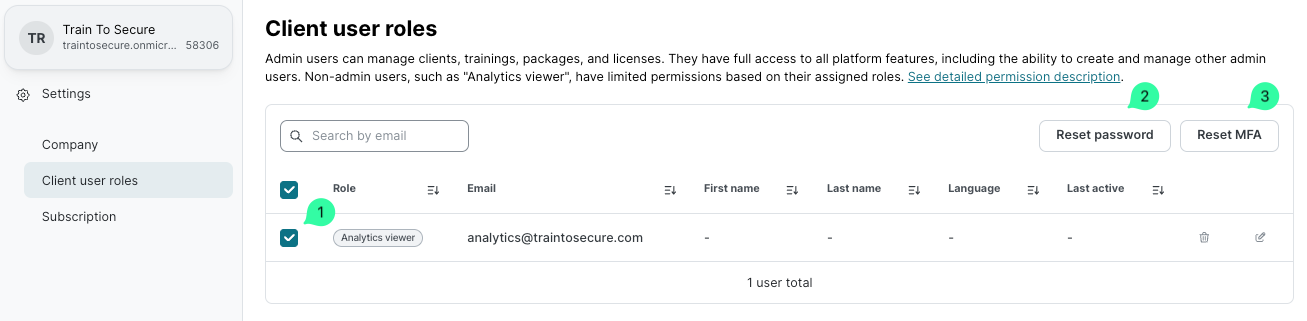 Add user dialog with Client admin role selected and checkmark shown. Form contains Email field with example, First name Admin, Last name User, Language English dropdown. Permissions listed show what Client admin can do.