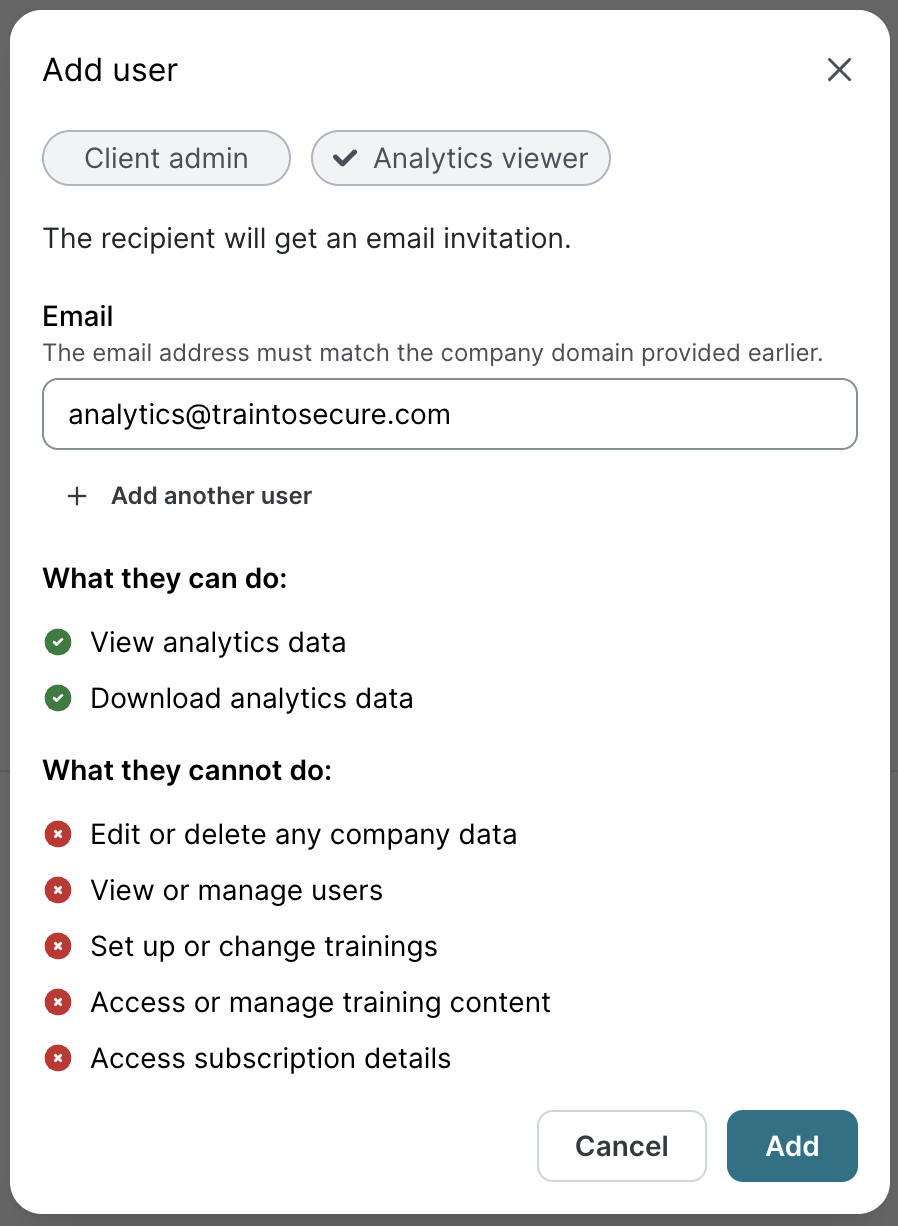 Add user dialog with role selection showing Client admin and Analytics viewer options. Analytics viewer is selected with checkmark. Email field contains example address. Permissions listed showing what users can and cannot do.