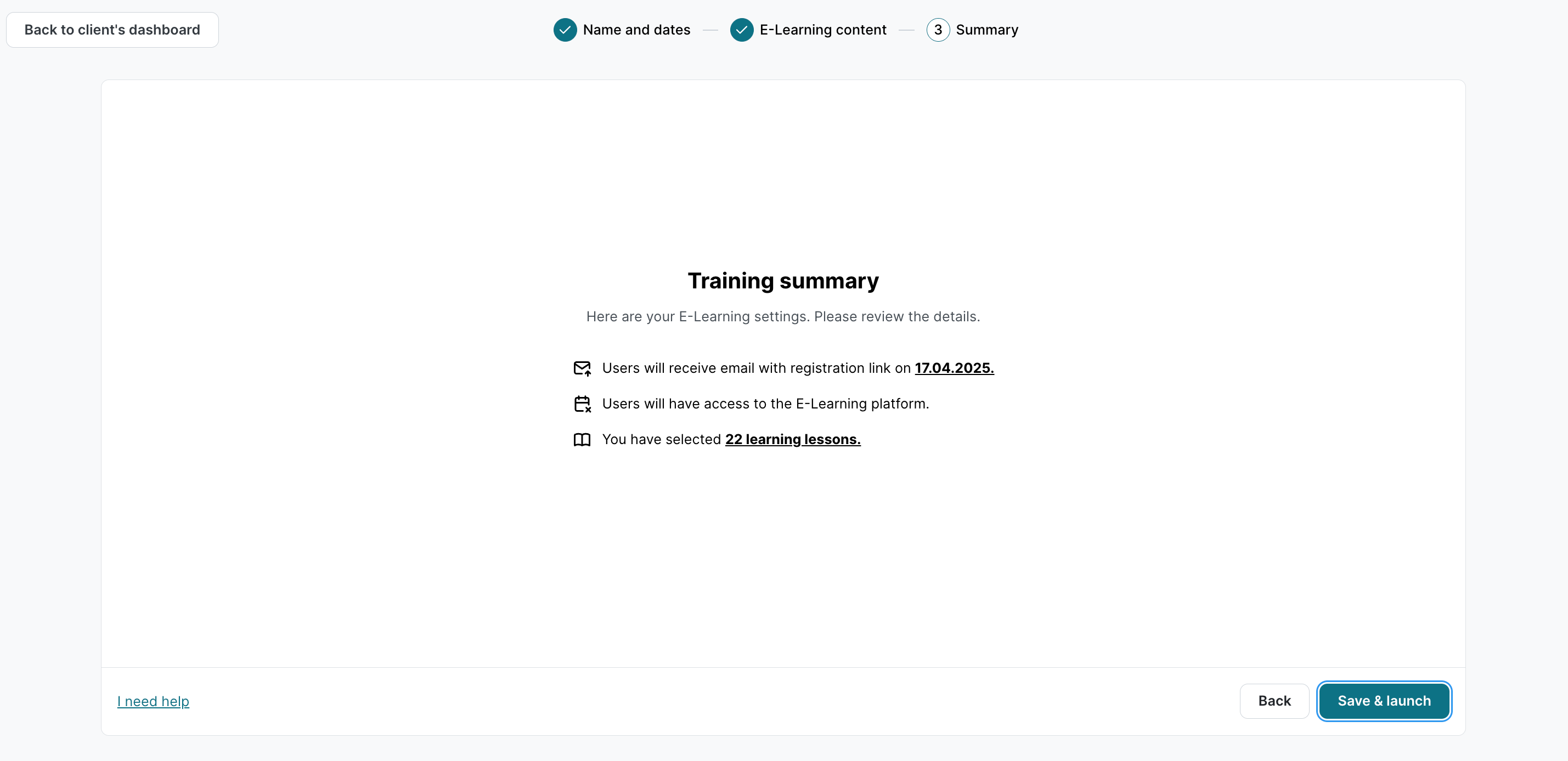 E-Learning wizard showing E-Learning content selection. Summary panel on right shows New Campaign Name with 6 selected lessons listed. Left sidebar shows categories and recommendations.