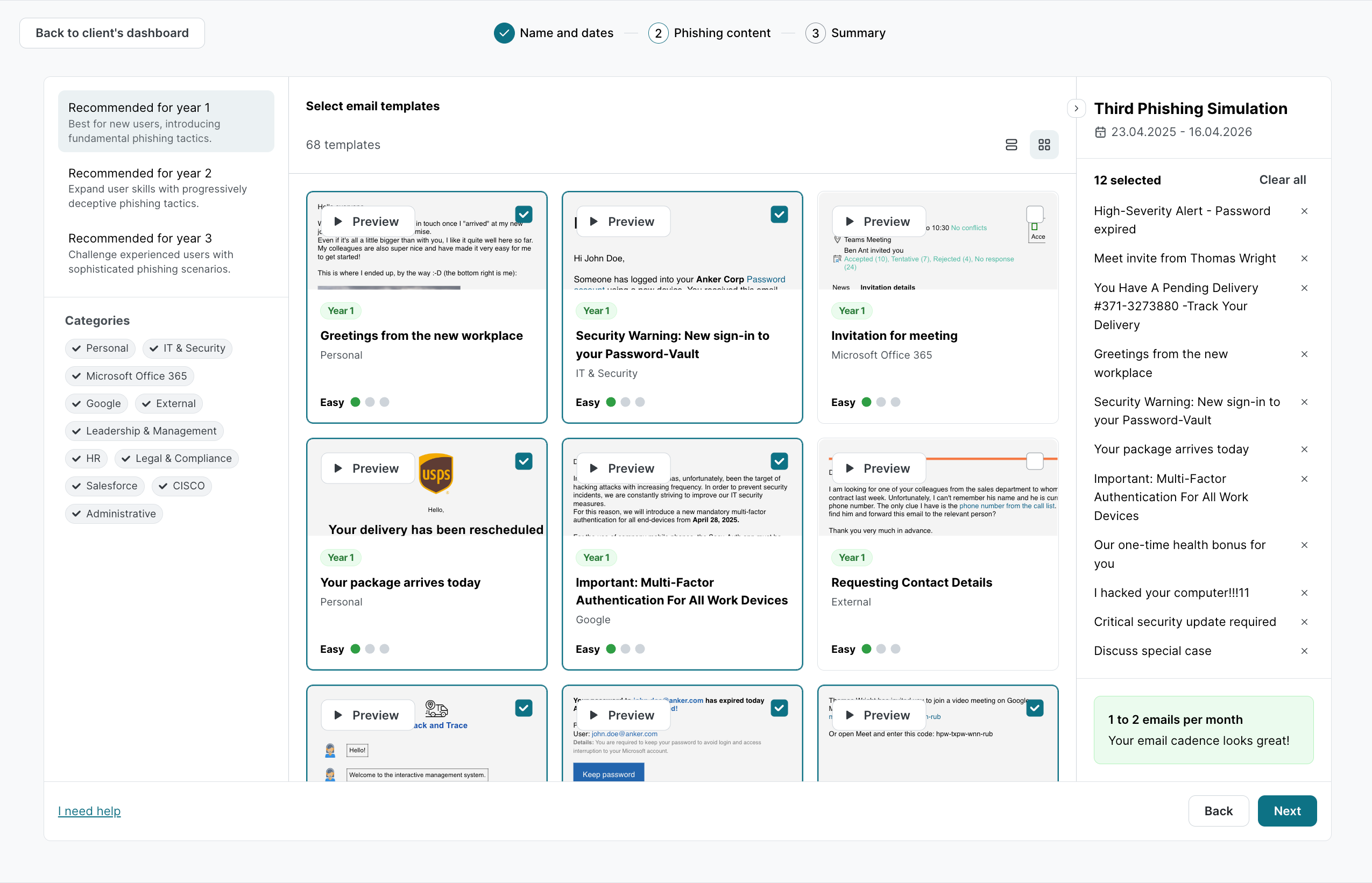 Phishing Simulation template selection screen showing 68 available templates. Third Phishing Simulation summary panel shows 12 selected templates. Left sidebar lists categories and year recommendations.