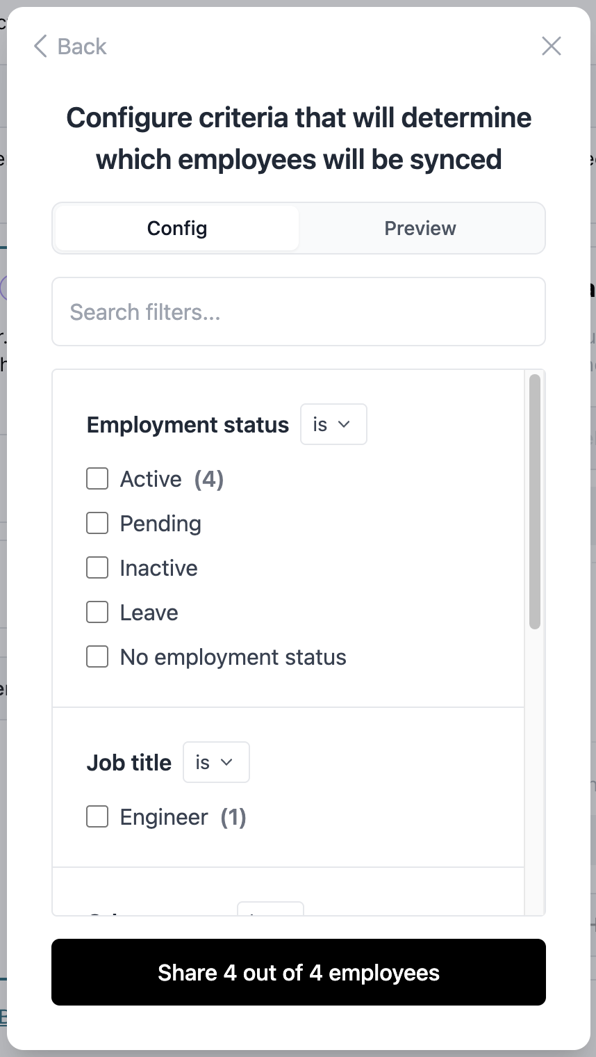 Employee filtering configuration dialog titled Configure criteria that will determine which employees will be synced. Tabs for Config and Preview. Dropdowns for Employment status (Active, Pending, Inactive, Leave, No employment status) and Job title. Share 4 out of 4 employees button.