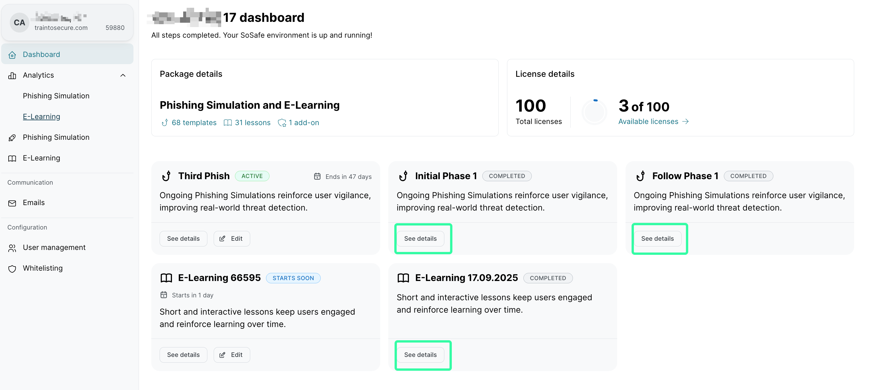 Partner Platform dashboard for a tenant named Zurich showing setup completion status, package details with Phishing Simulation and E-Learning options, and three active training campaigns.
