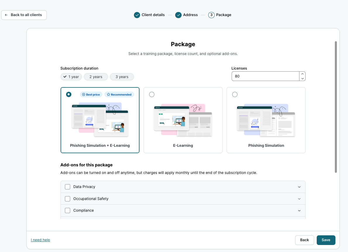 Seite Paket: Abodauer 1 Jahr ausgewählt. 80 Lizenzen eingegeben. Paket Phishing-Simulation und E-Learning ist ausgewählt mit Best price und Recommended Badges. Weitere Optionen: E-Learning, Phishing-Simulation. Add-ons-Kontrollkästchen für Data Privacy, Occupational Safety, Compliance.